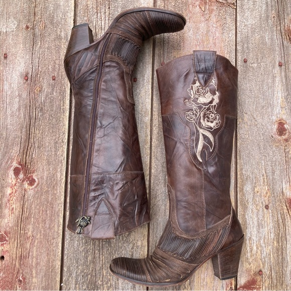 💙Siren by Mark Nason  Rose Embroidered Brown Leather Cowboy Boots - Picture 16 of 16